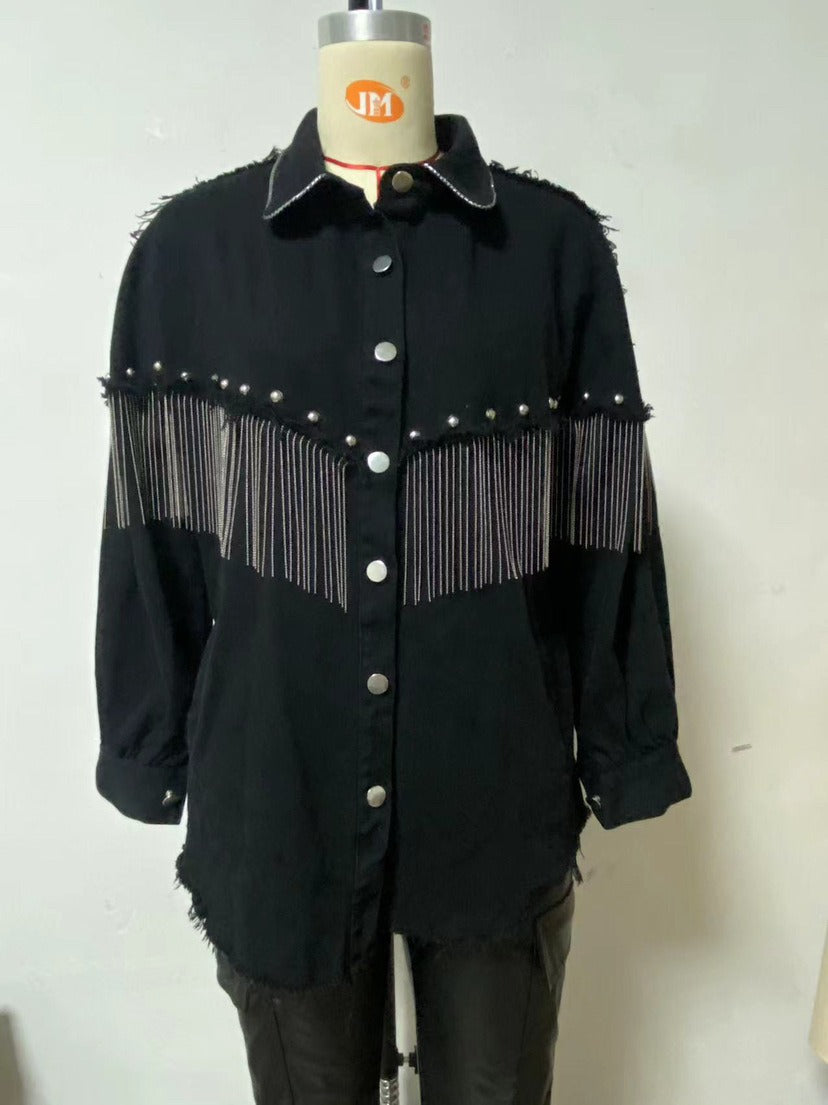 Vintage Oversized Black Denim Jacket for Women - Streetwear Tassel Hem Shacket