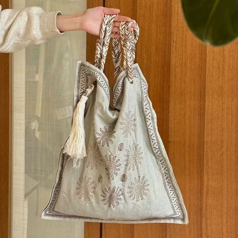 Bohemian Linen Tote Bag - Vintage Tribal Geometric Beach Shoulder Purse & Slouchy Triangle Handbag