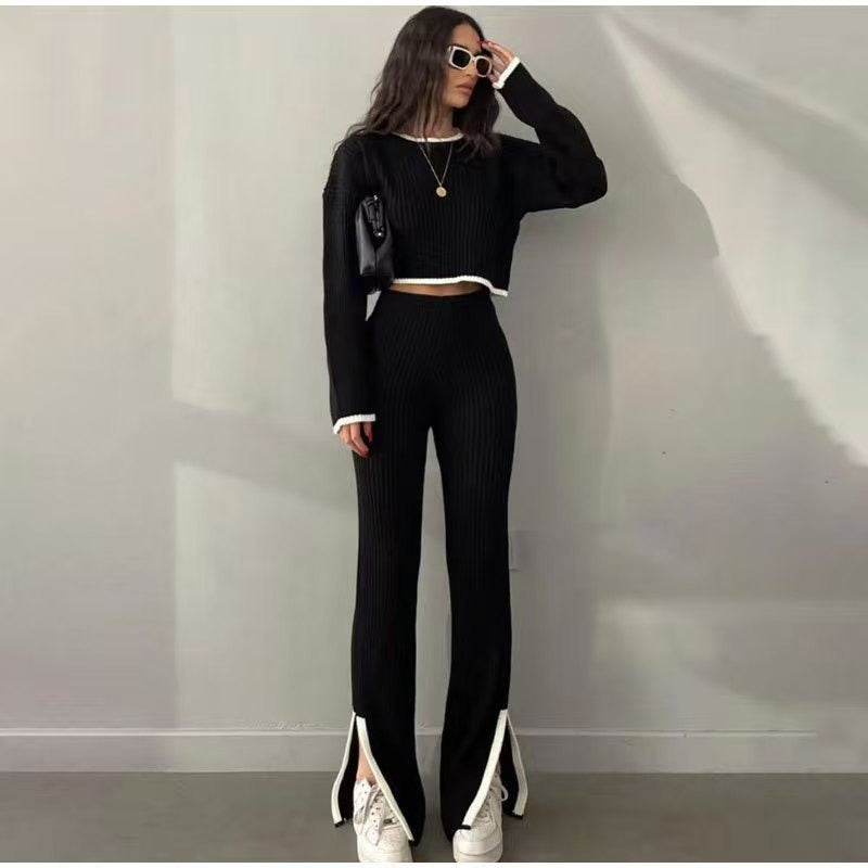 Trendy Ribbed Knit Two-Piece Set - Contrast Trim Long Sleeve Sweater & Flare Pants Lounge Set