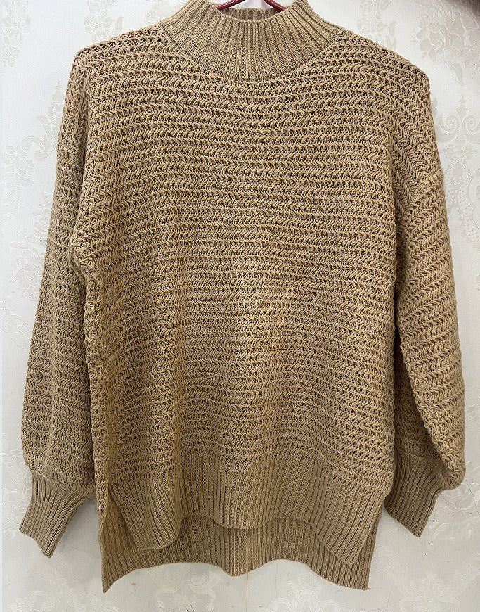 Chunky Knit Mock Neck Sweater - Loose Fit Side Slit Long Sleeve Pullover Sweater Plus Size