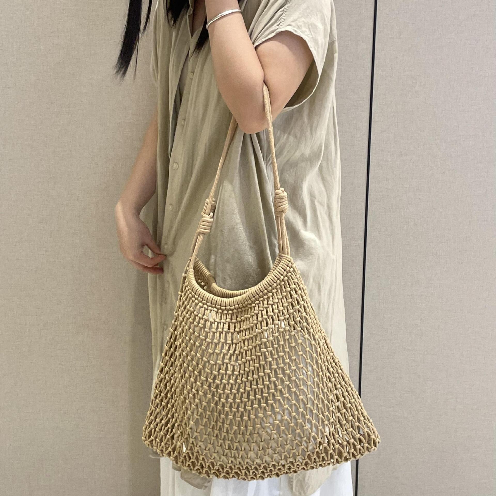 Bohemian Mesh Crochet Net Tote Bag - Large Capacity Cotton Rope Beach Shoulder Purse with Inner Pouch
