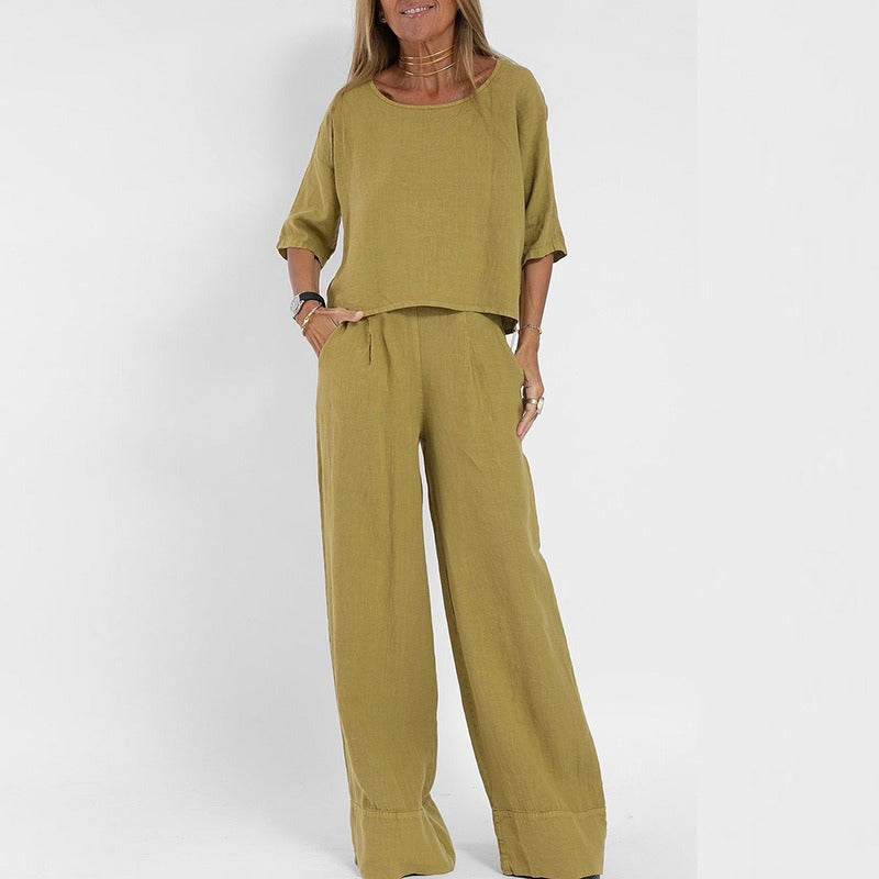 Ensemble deux pièces en mélange de lin pour femme – Haut à manches courtes et col rond et pantalon à jambes très larges, ensemble décontracté de vacances d'été