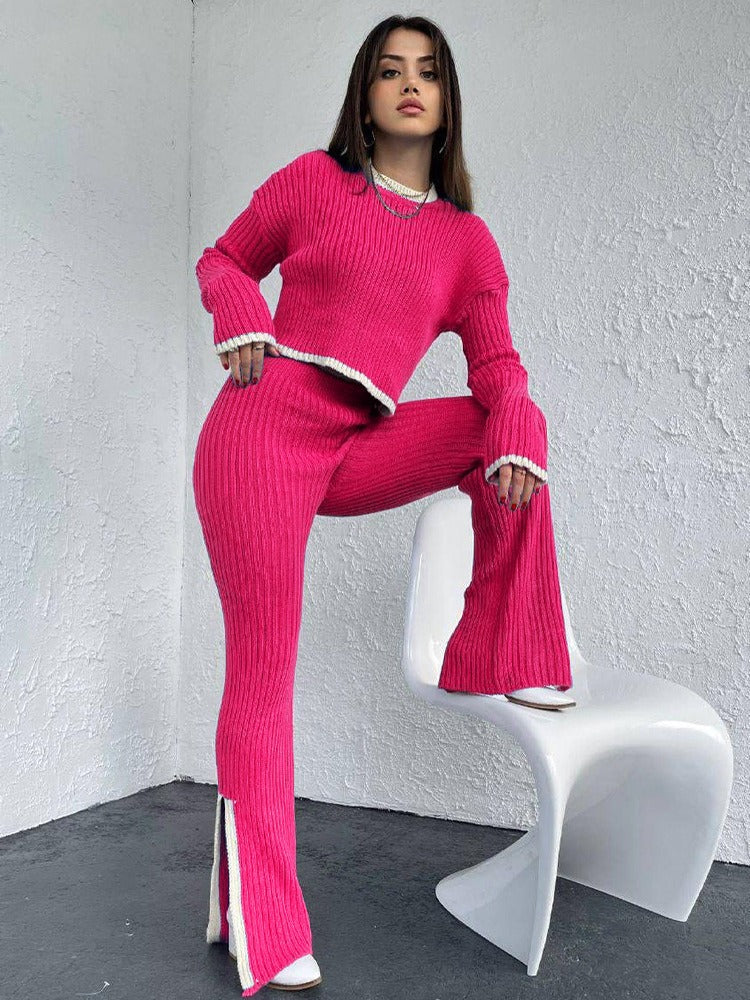 Trendy Ribbed Knit Two-Piece Set - Contrast Trim Long Sleeve Sweater & Flare Pants Lounge Set