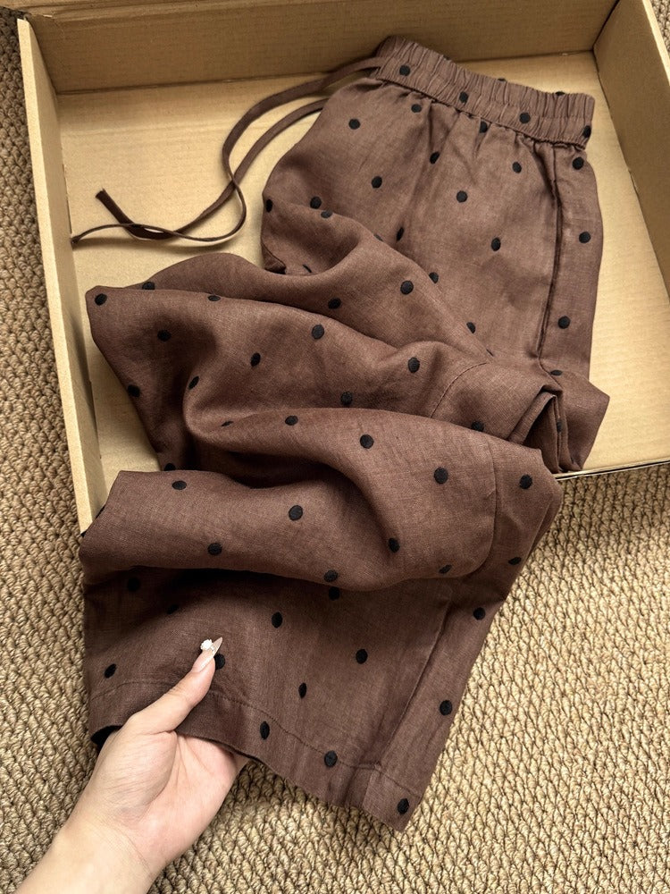 Vintage Polka Dot Embroidered Linen Pants | Casual High Waist Drawstring Loose Wide Leg Trousers