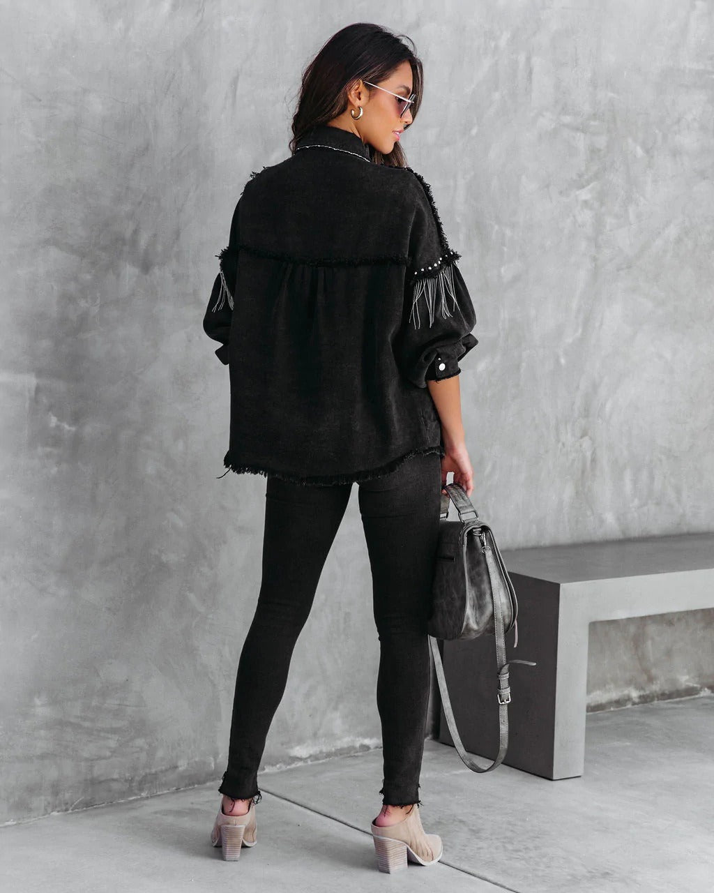 Vintage Oversized Black Denim Jacket for Women - Streetwear Tassel Hem Shacket