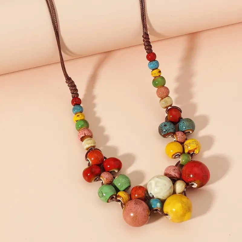 Boho Colorful Ceramic Beaded Necklace | Vintage Handmade Porcelain Stone Pendant Chunky Choker