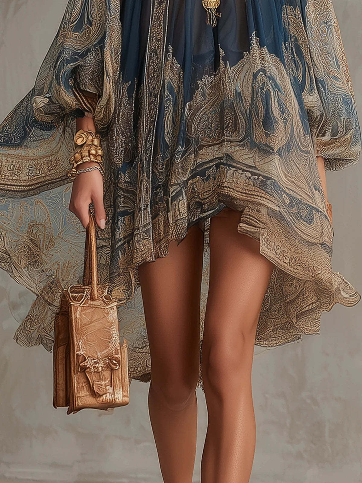 Mini-robe fluide en mousseline imprimé baroque pour femme - Col montant