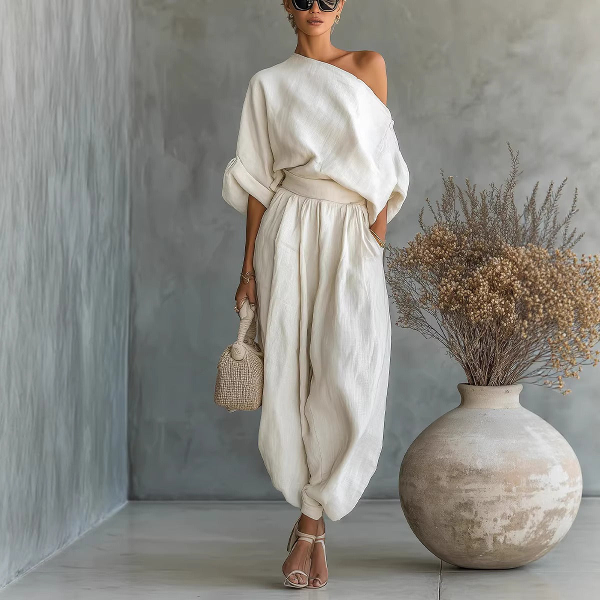 PromiseGift 2-Piece Linen Cotton Resort Set | Off-the-Shoulder Blouse & Oversized Tapered Trousers