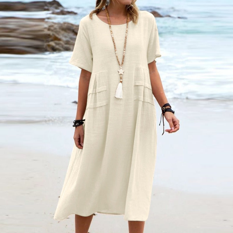 Boho Chic Blue Summer Dress for Women – Elegant Round Neck Tiered Tunic Dress, Breezy Minimalist Resort Wear Midi Gown