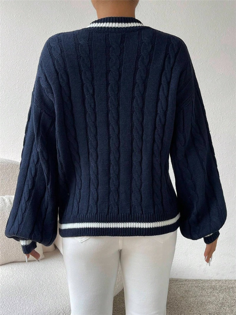 Women's Cable Knit V-Neck Sweater | Casual Contrast Stripe Preppy Jumper Top