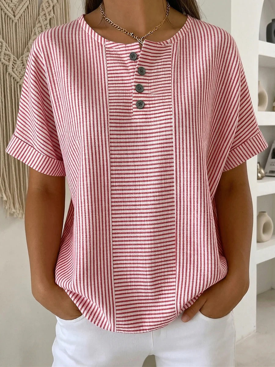 Casual Vertical Stripe Short Sleeve Shirt | Breathable Half-Button Summer Blouse