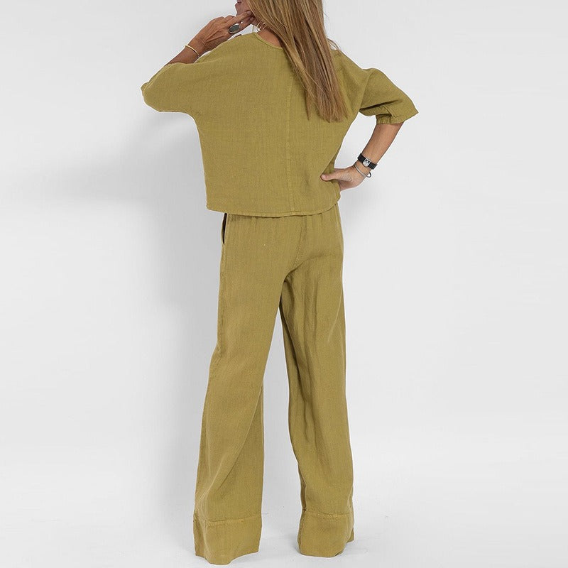 Ensemble deux pièces en mélange de lin pour femme – Haut à manches courtes et col rond et pantalon à jambes très larges, ensemble décontracté de vacances d'été