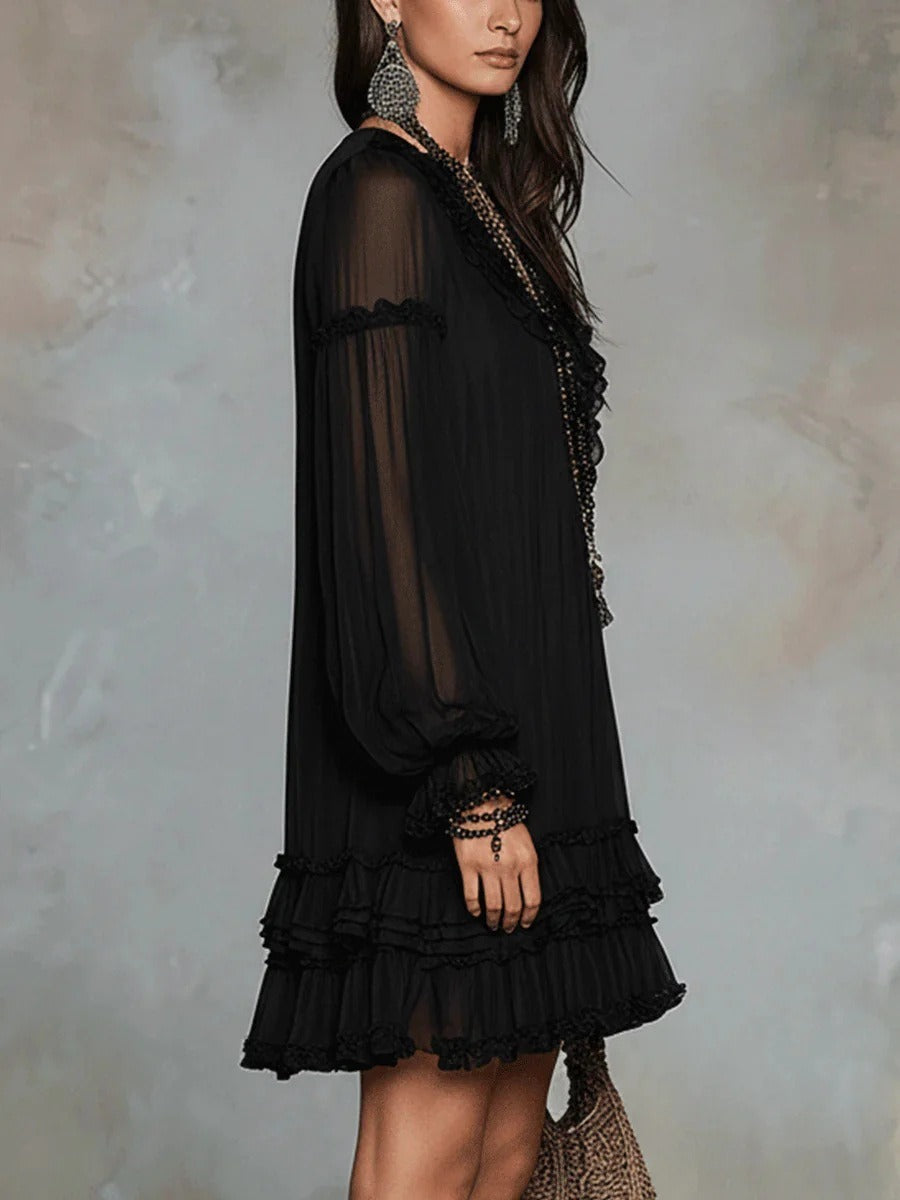 Robe Courte de Vacances Gothique Bohème en Chiffon | Taille Haute Romantique à Volants