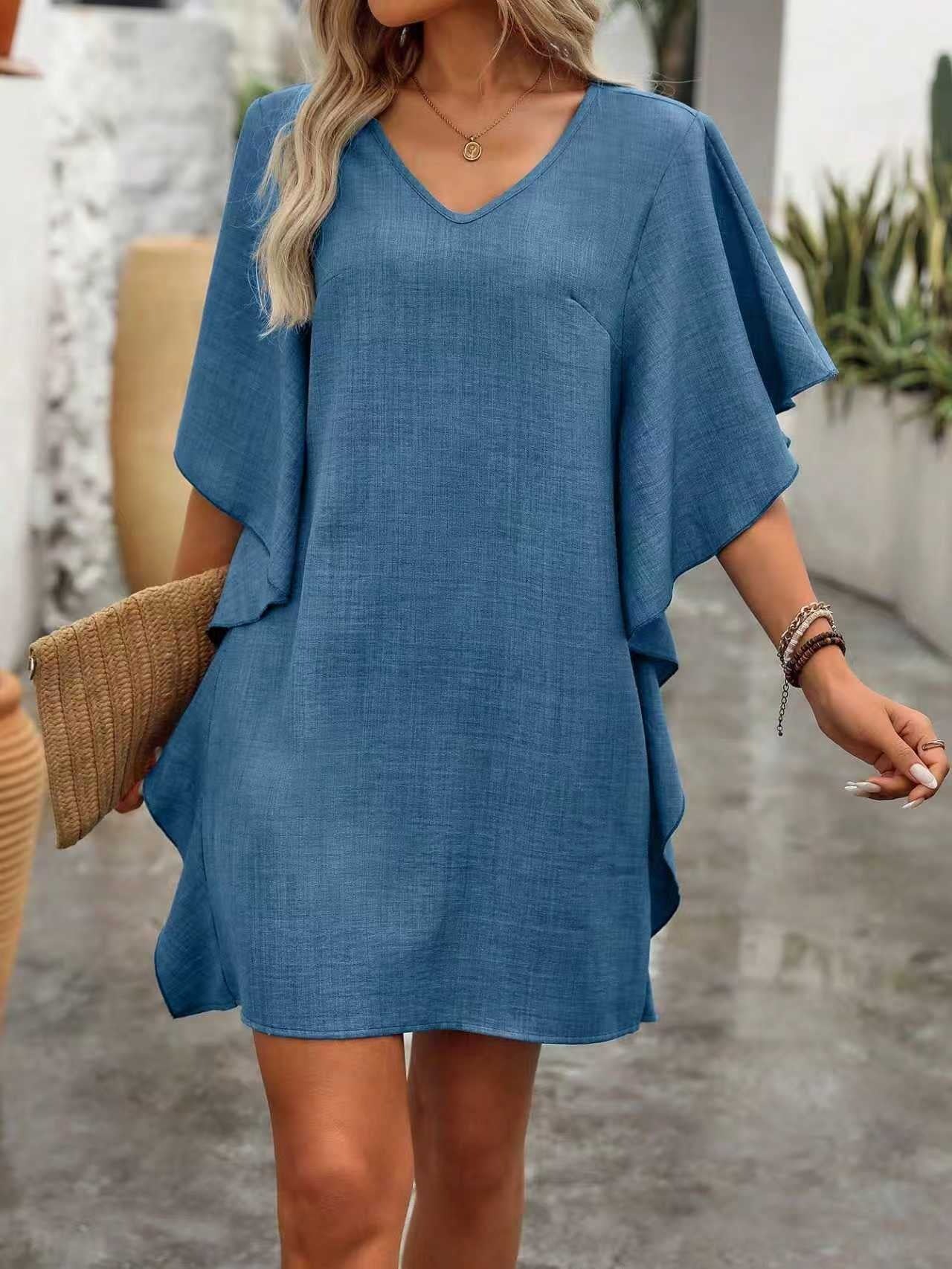 Solid V-Neck Loose Ruffle Dress | Flowy Batwing Sleeve Casual Summer Linen-Look Tunic Mini Dress