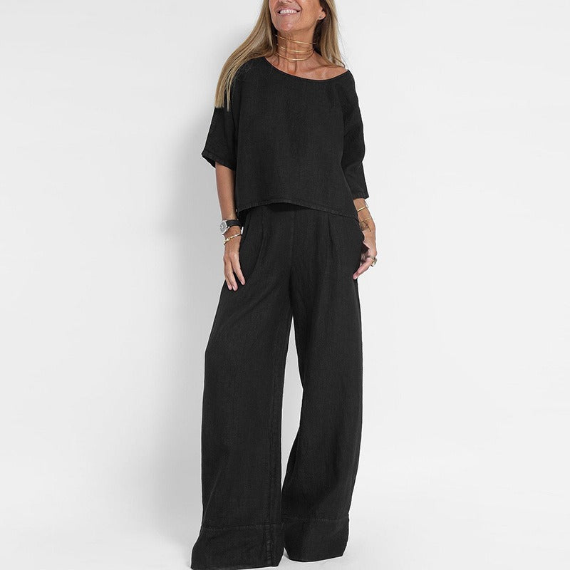 Ensemble deux pièces en mélange de lin pour femme – Haut à manches courtes et col rond et pantalon à jambes très larges, ensemble décontracté de vacances d'été
