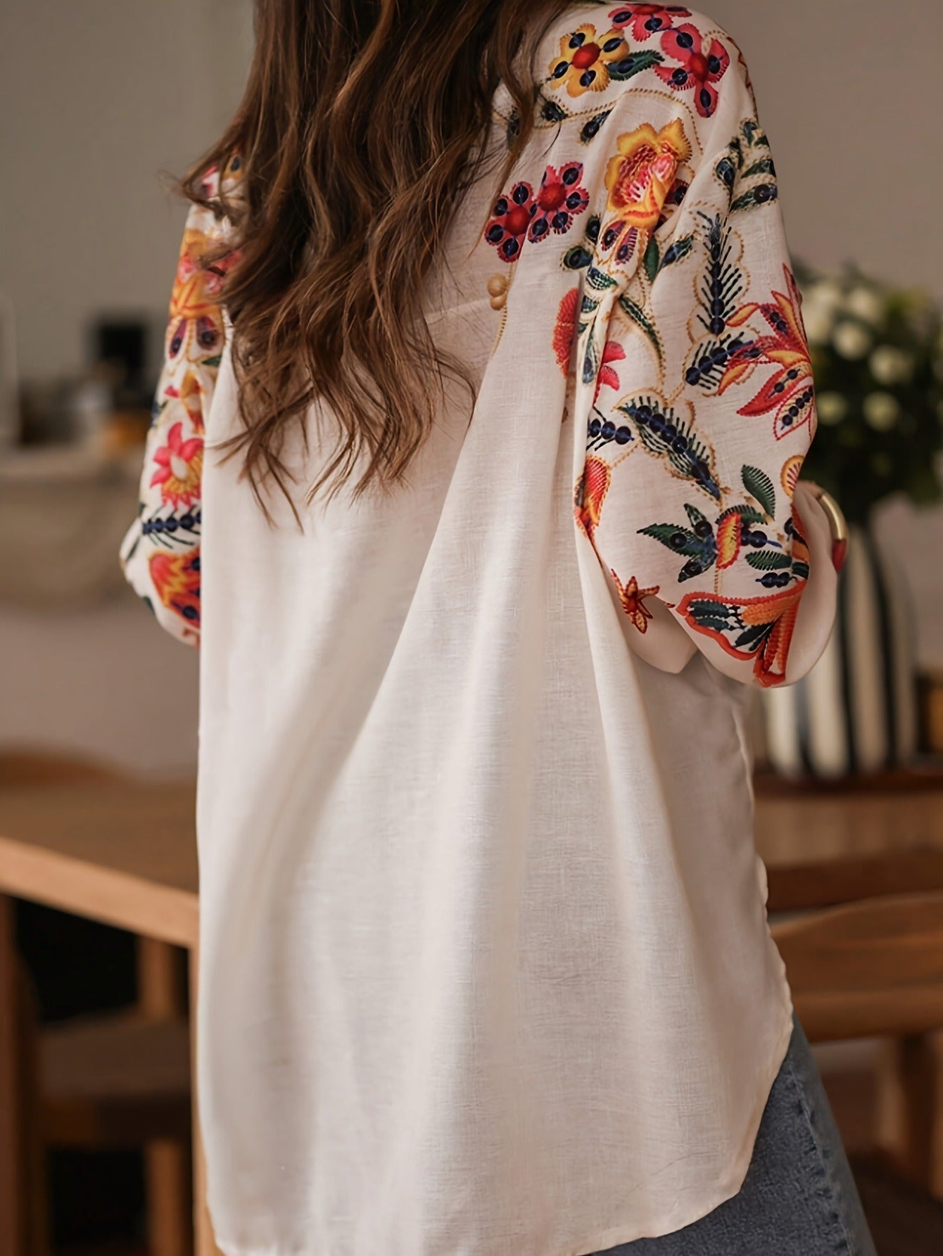 Vintage Floral Embroidered Blouse - Elegant Long Sleeve Button-Down Vacation Shirt with Lantern Sleeves