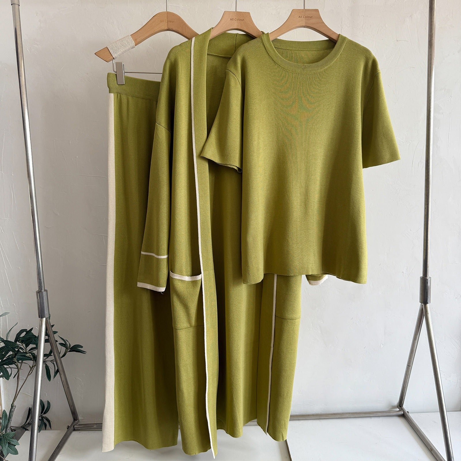 Elegant 3-Piece Knit Lounge Set - Contrast Trim Long Robe Cardigan, Crewneck Tee & Wide Leg Pants