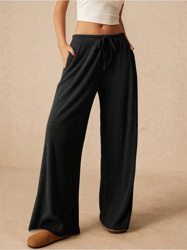 Ribbed Corduroy Wide Leg Lounge Pants | Solid High Waist Drawstring Loose Flowy Casual Trousers