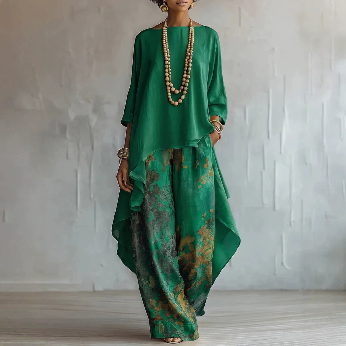 Bohemian Asymmetric Tunic & Wide-Leg Pants Set - Two-Piece Casual Resort Outfit for Women