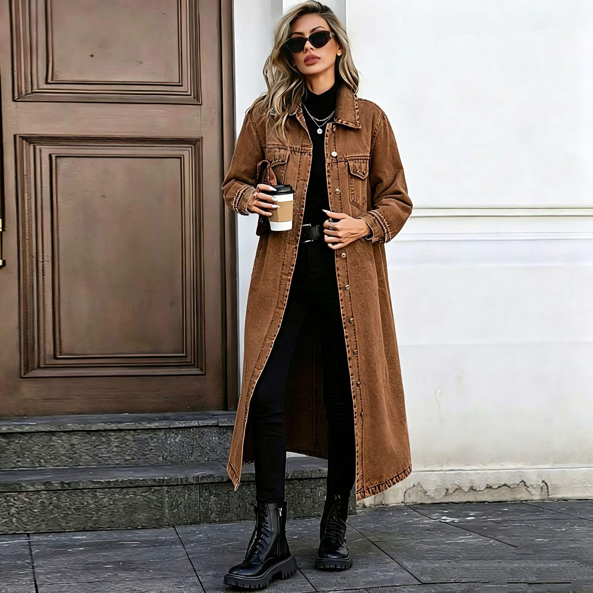 Maxi Denim Trench Coat for Women - Casual Long Sleeve Turn-Down Collar Washed Winter Duster Jacket