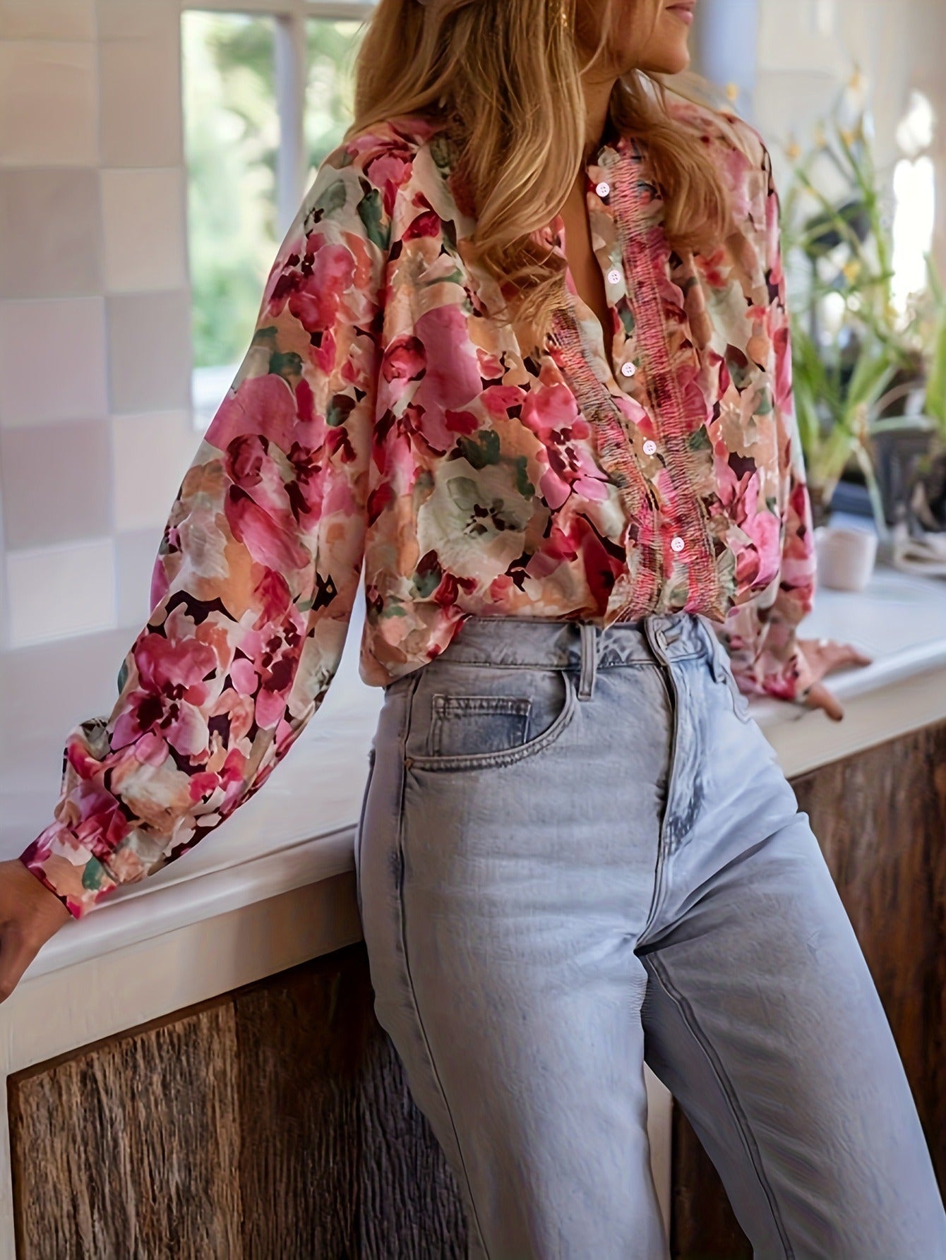 Vintage Floral Smocked Ruffle Blouse - Long Sleeve Slouchy Button-Down Shirt for Women