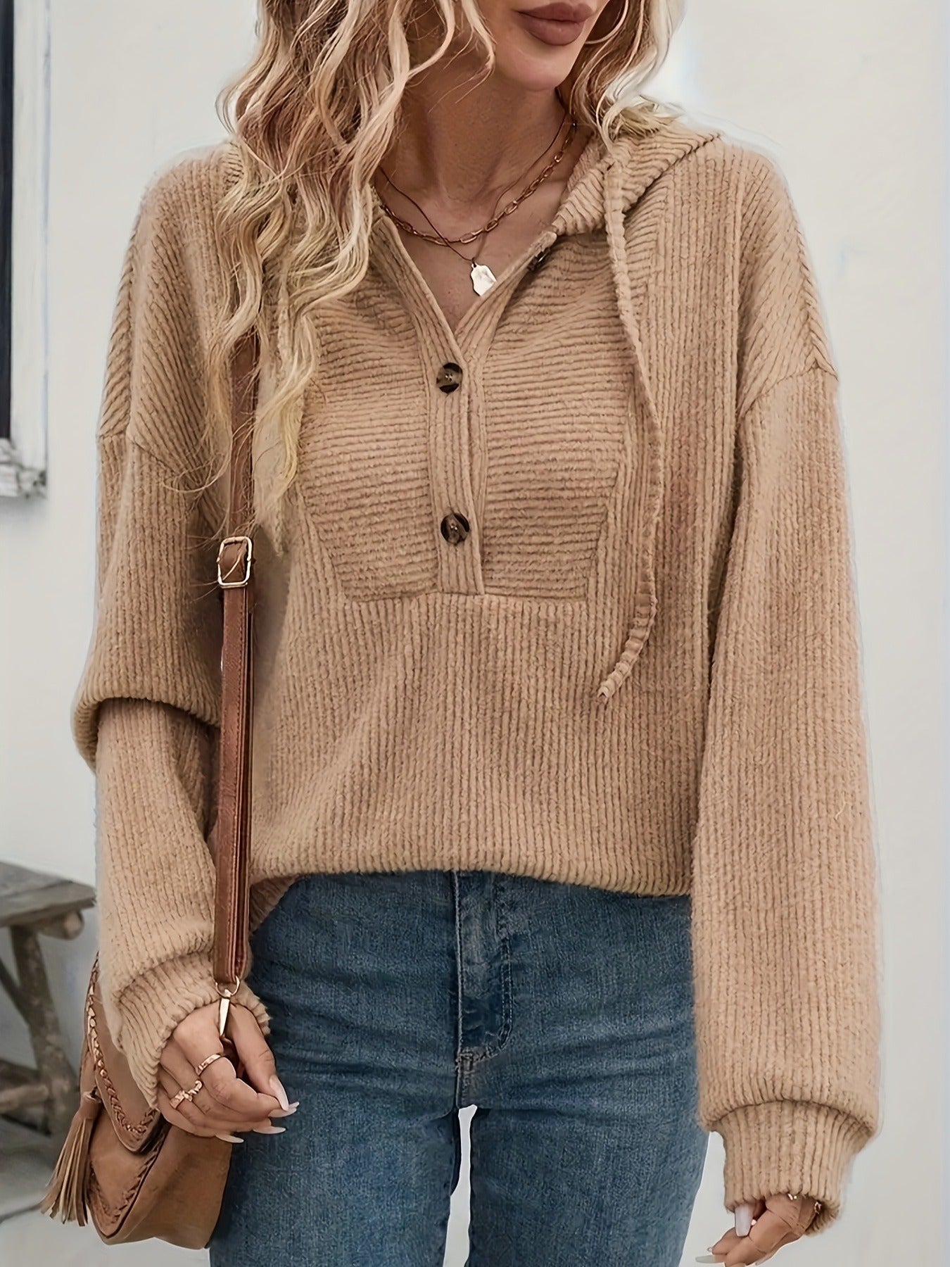Women's Ribbed Knit Hoodie Pullover | Casual V-Neck Button Front Long Sleeve Sweatshirt