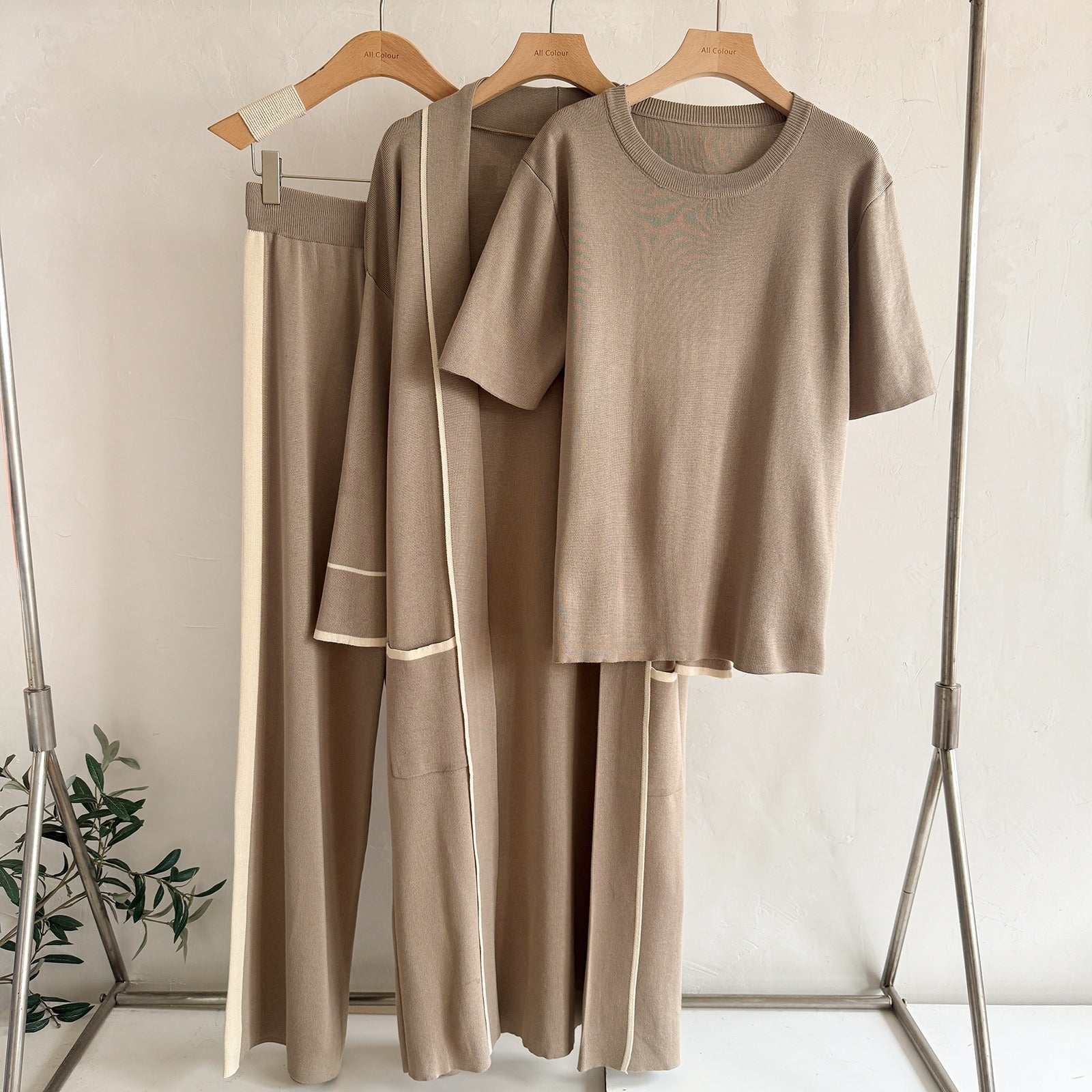 Elegant 3-Piece Knit Lounge Set - Contrast Trim Long Robe Cardigan, Crewneck Tee & Wide Leg Pants