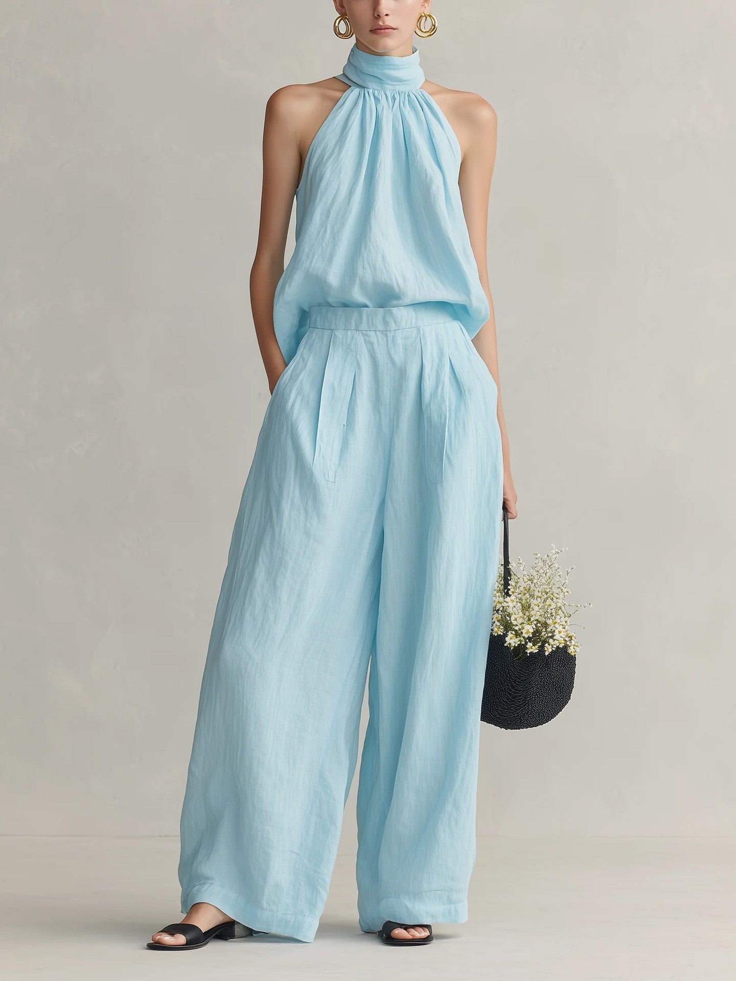 Chic Halter Neck Sleeveless Top & High-Waist Wide Leg Pants 2-Piece Linen Blend Lounge Set