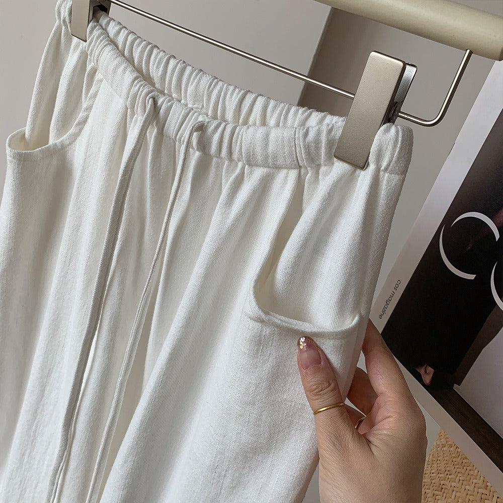 High-Waisted Linen Cotton Blend Drawstring Pants | Breathable Relaxed Fit Trousers