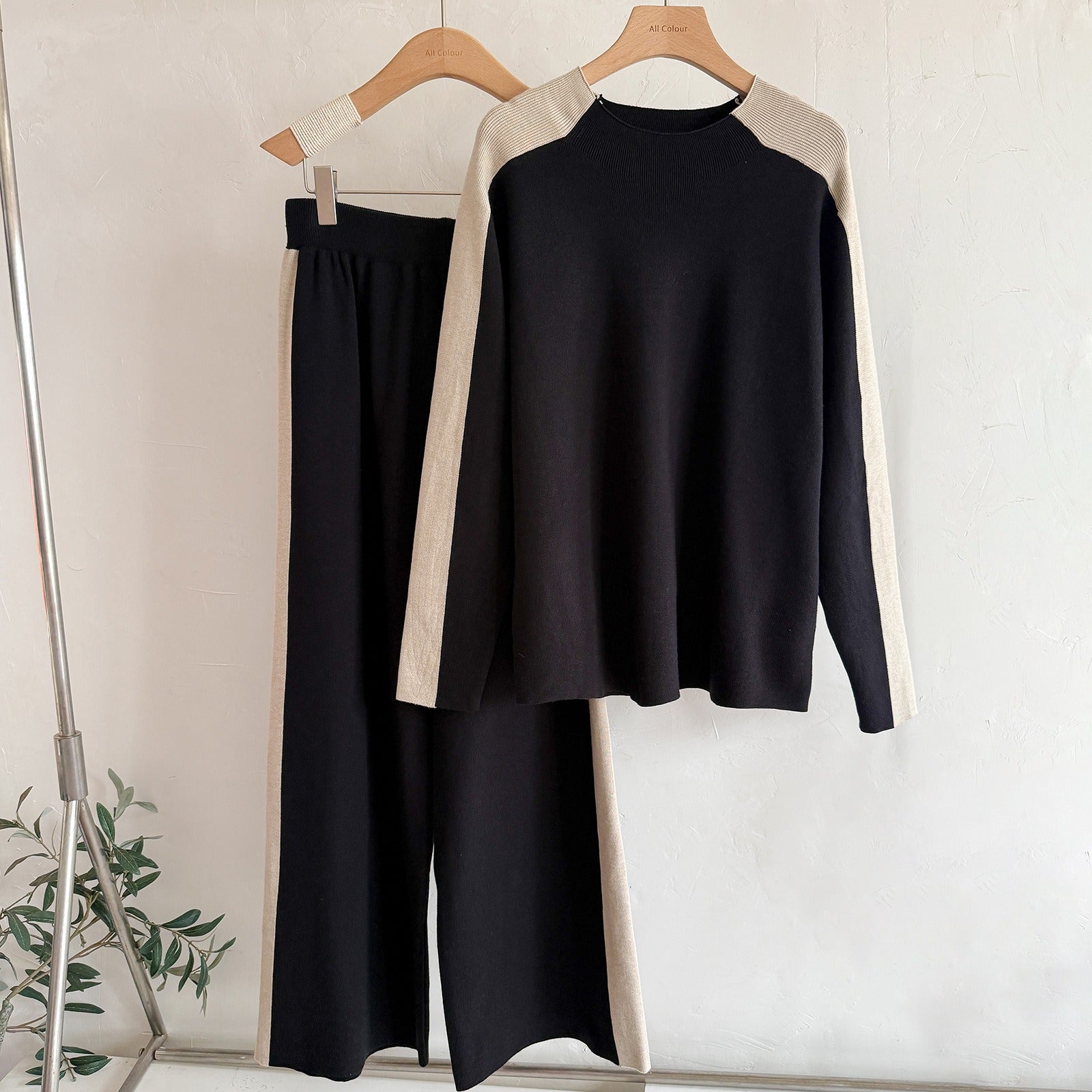 Chic Colorblock 2-Piece Knit Set - Mock Neck Long Sleeve Sweater & Wide Leg Stripe Pants Lounge Set