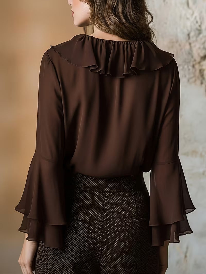 Chic Cascading Ruffle Collar Blouse for Women - Retro Flare Cuff Silk-Like Top