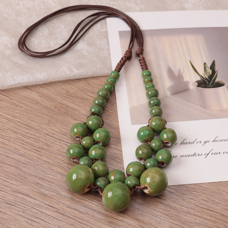 Boho Colorful Ceramic Beaded Necklace | Vintage Handmade Porcelain Stone Pendant Chunky Choker