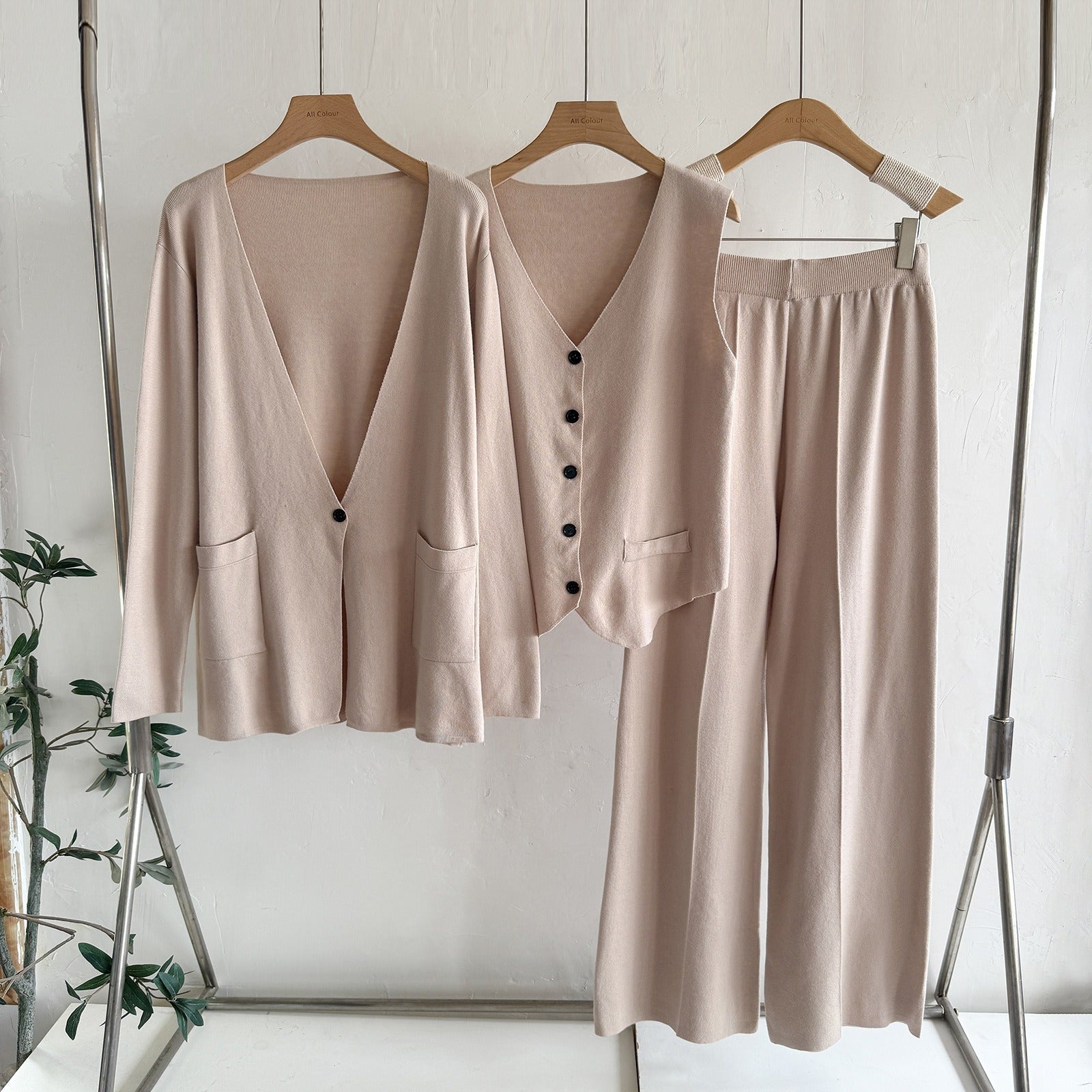 Chic 3-Piece Knit Lounge Set - Open Front Cardigan, V-Neck Button Vest & Wide Leg Pants