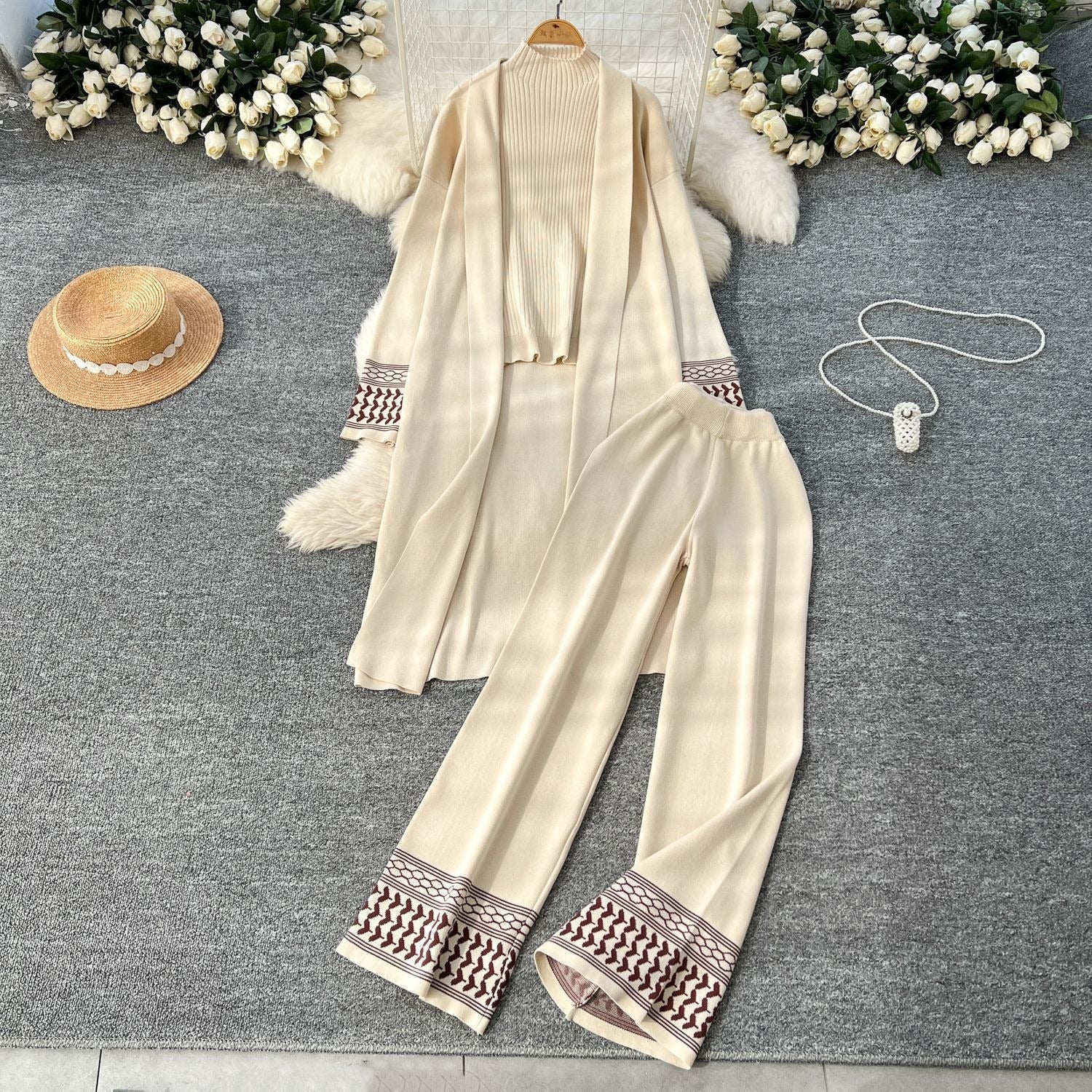 Chic 3-Piece Jacquard Knit Lounge Set - Open Front Shawl Cardigan, Crewneck Top & Wide Leg Pants