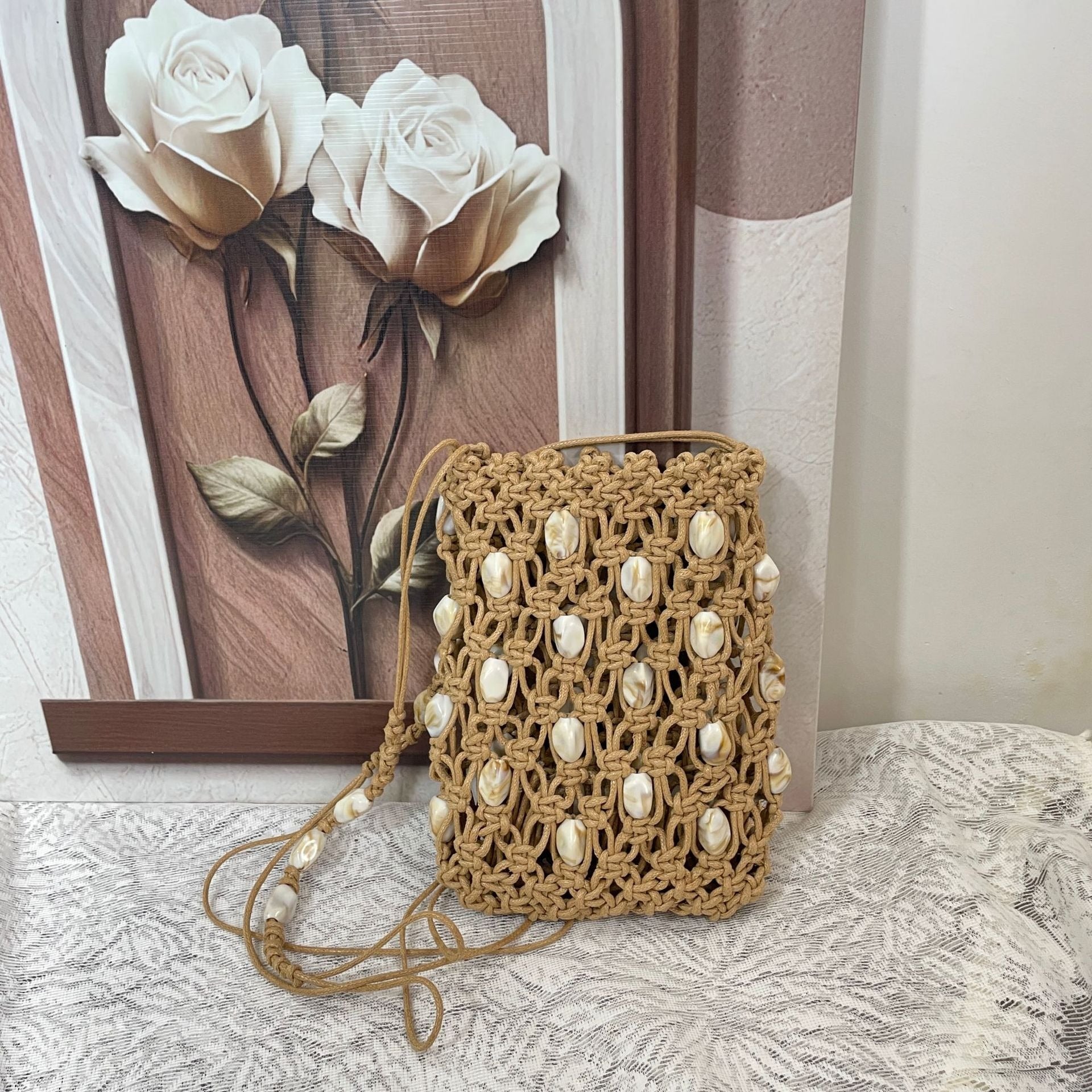 Bohemian Cowrie Shell Macrame Phone Bag - Handmade Wax Cord Woven Mini Crossbody Beach Purse