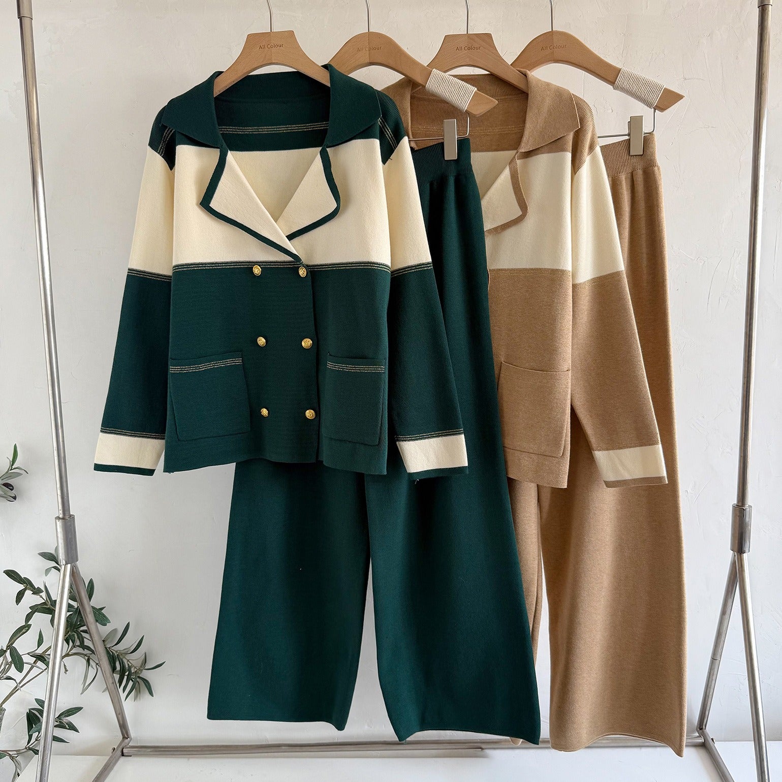 Old Money Double-Breasted Knit 2-Piece Set | Short Sleeve Blazer Cardigan & Wide Leg Pants Suit