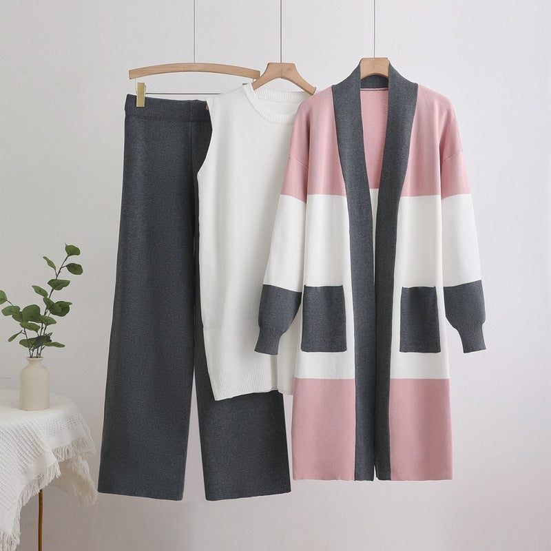 Color-Block Knit 3-Piece Set | Open Front Long Cardigan Sleeveless Crewneck Top & Wide Leg Pants Suit