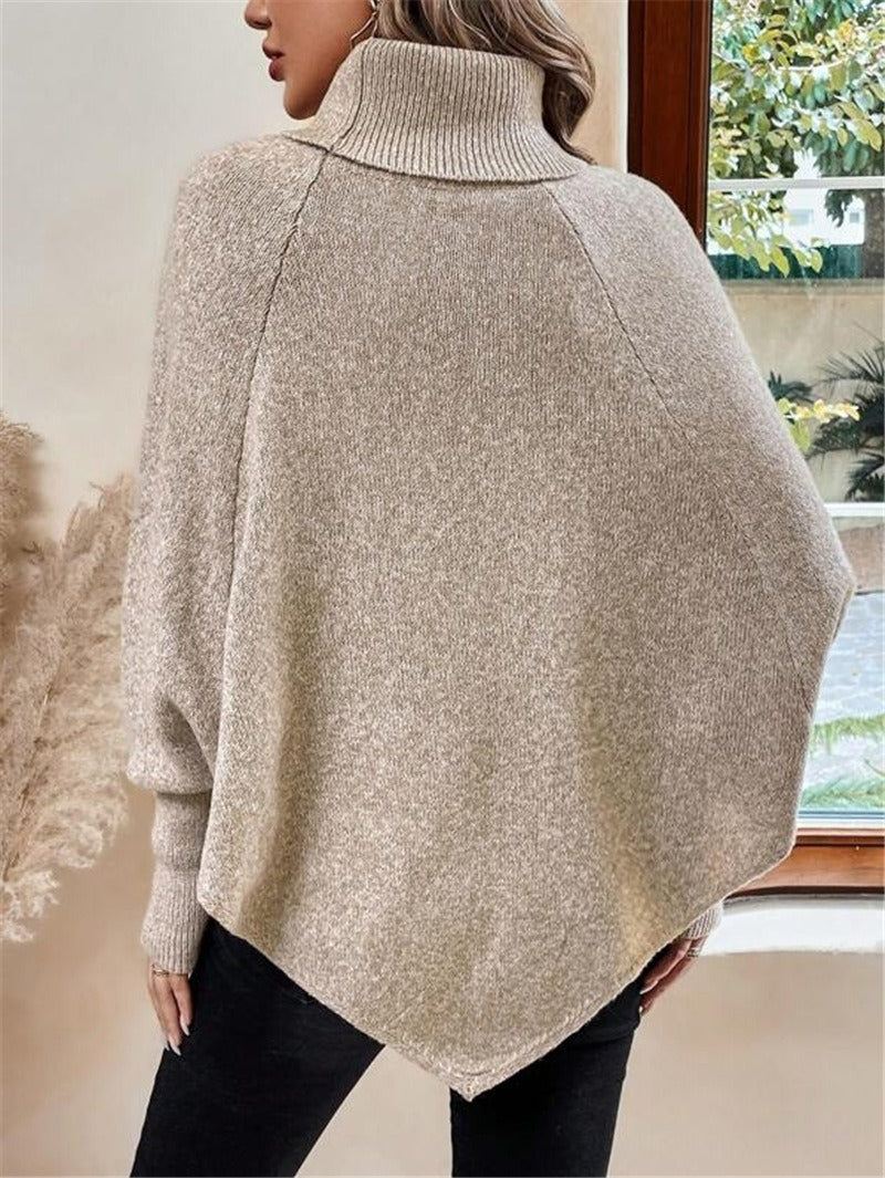 Elegant Cable Knit High Neck Poncho Sweater - Button Detail Batwing Sleeve Loose Pullover
