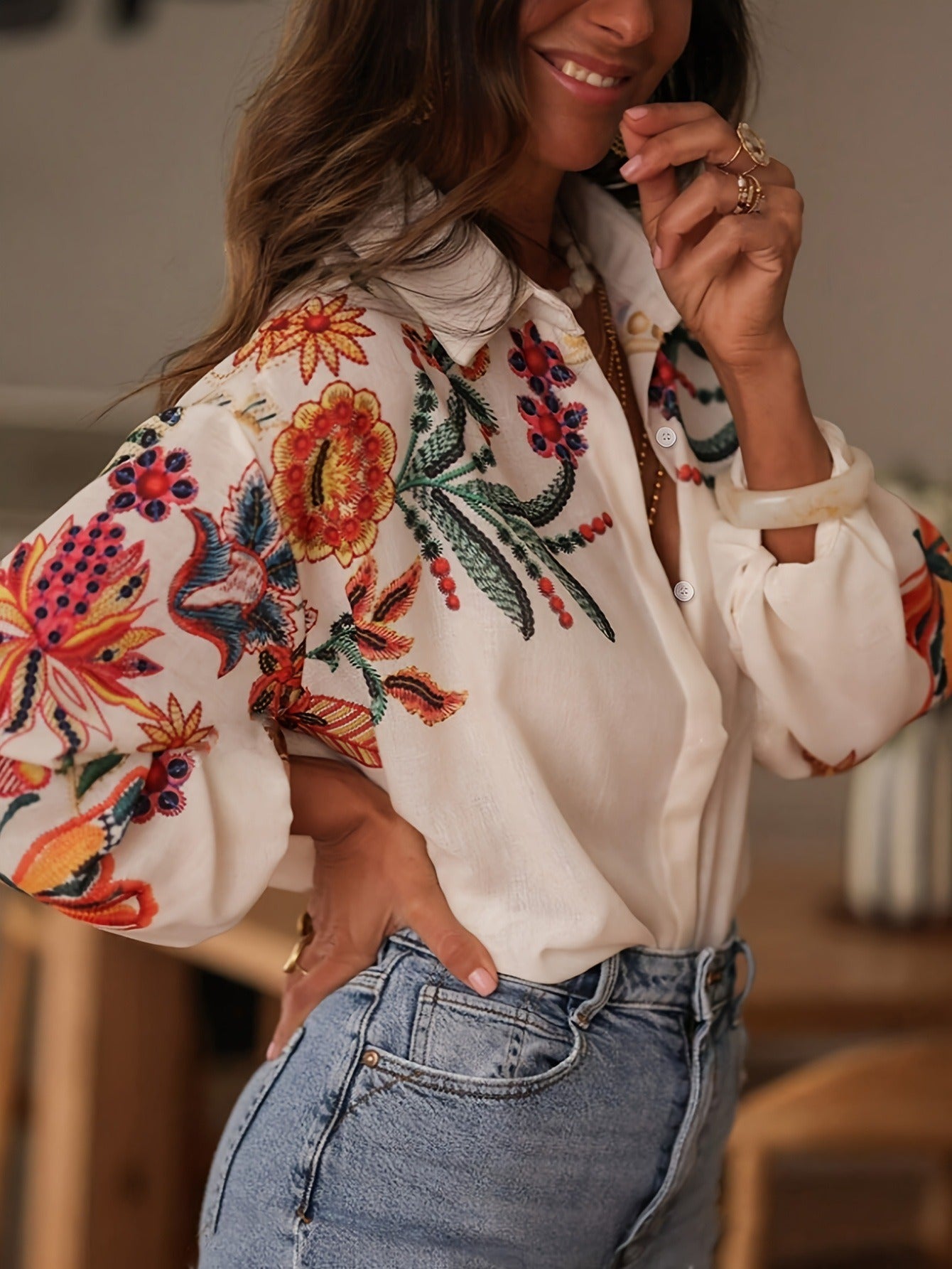 Vintage Floral Embroidered Blouse - Elegant Long Sleeve Button-Down Vacation Shirt with Lantern Sleeves