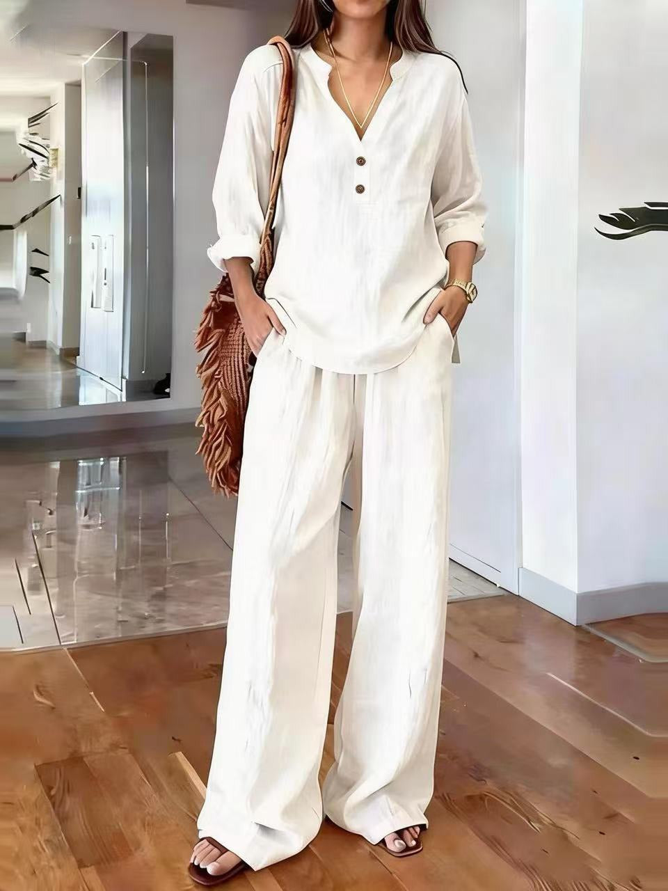 Ensembles deux pièces en mélange de lin pour femme – Haut tunique à manches longues avec col Henley en V et pantalon large, Ensemble coordonné décontracté pour les vacances d'été