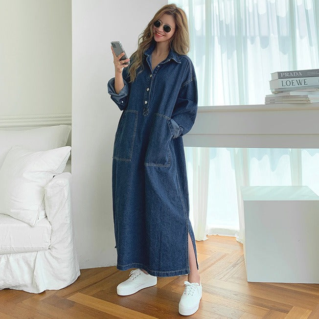 Women's Oversized Denim Shirt Dress | Casual Long Sleeve Washed Jean Side Split Maxi Gown