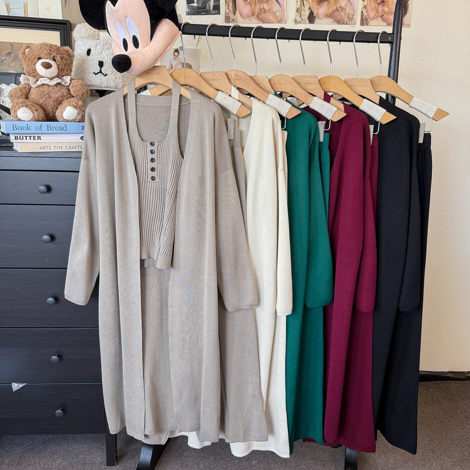Ribbed Slimming Knit 3-Piece Set | Open Front Long Cardigan Button Square Neck Cami & Wide Leg Pants Suit