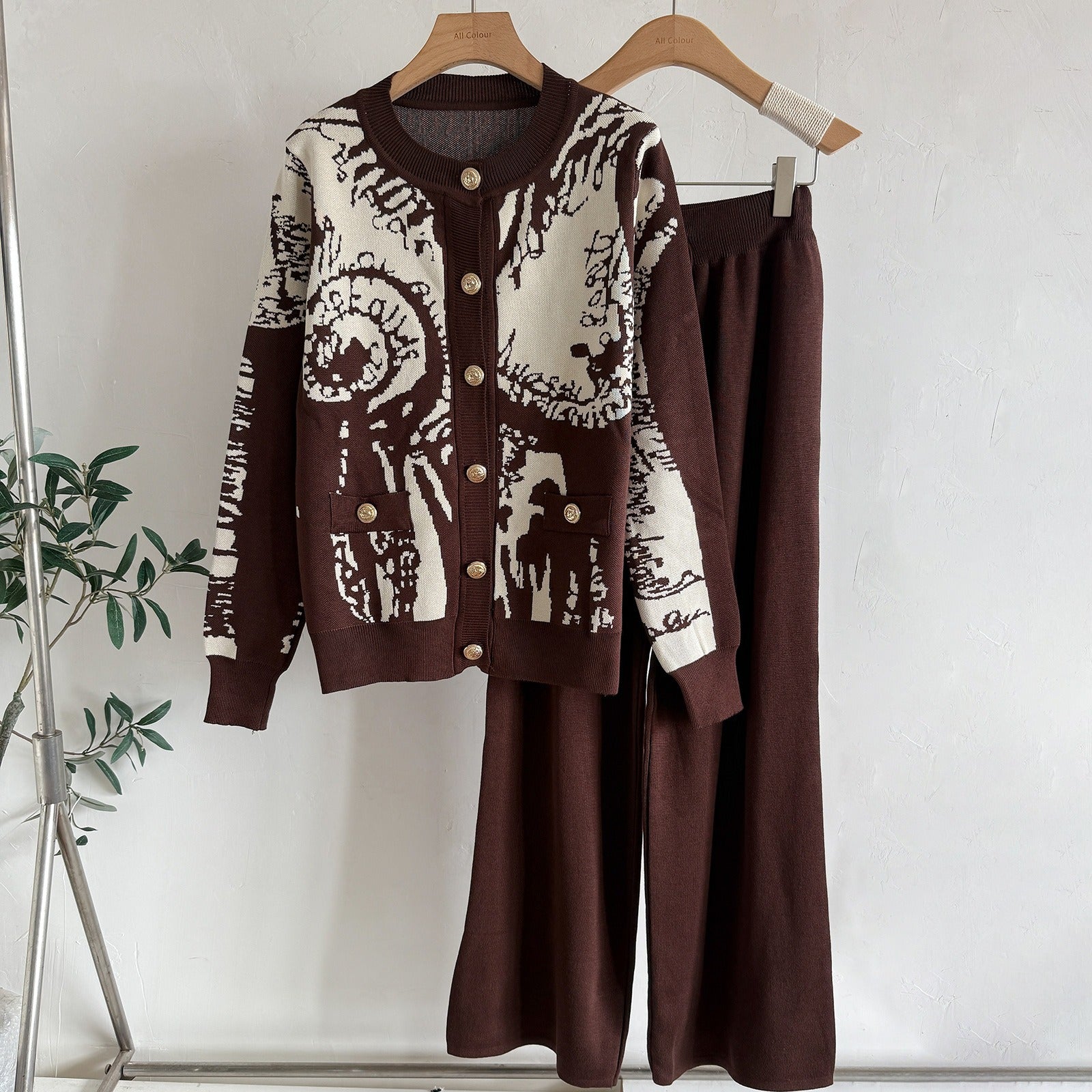Vintage Jacquard 2-Piece Knit Set - Button-Down Cardigan & High-Waist Wide Leg Pants Lounge Set