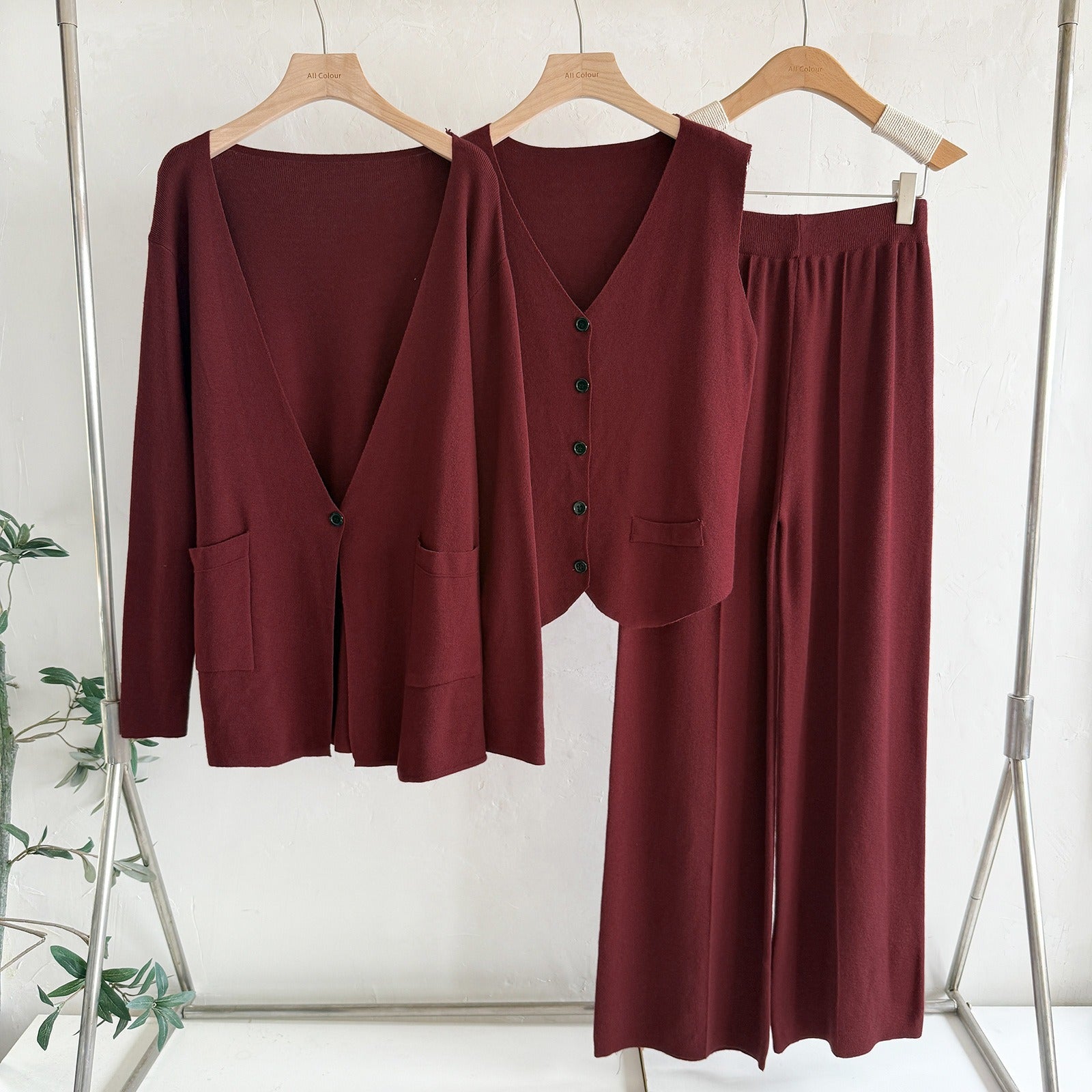 Chic 3-Piece Knit Lounge Set - Open Front Cardigan, V-Neck Button Vest & Wide Leg Pants