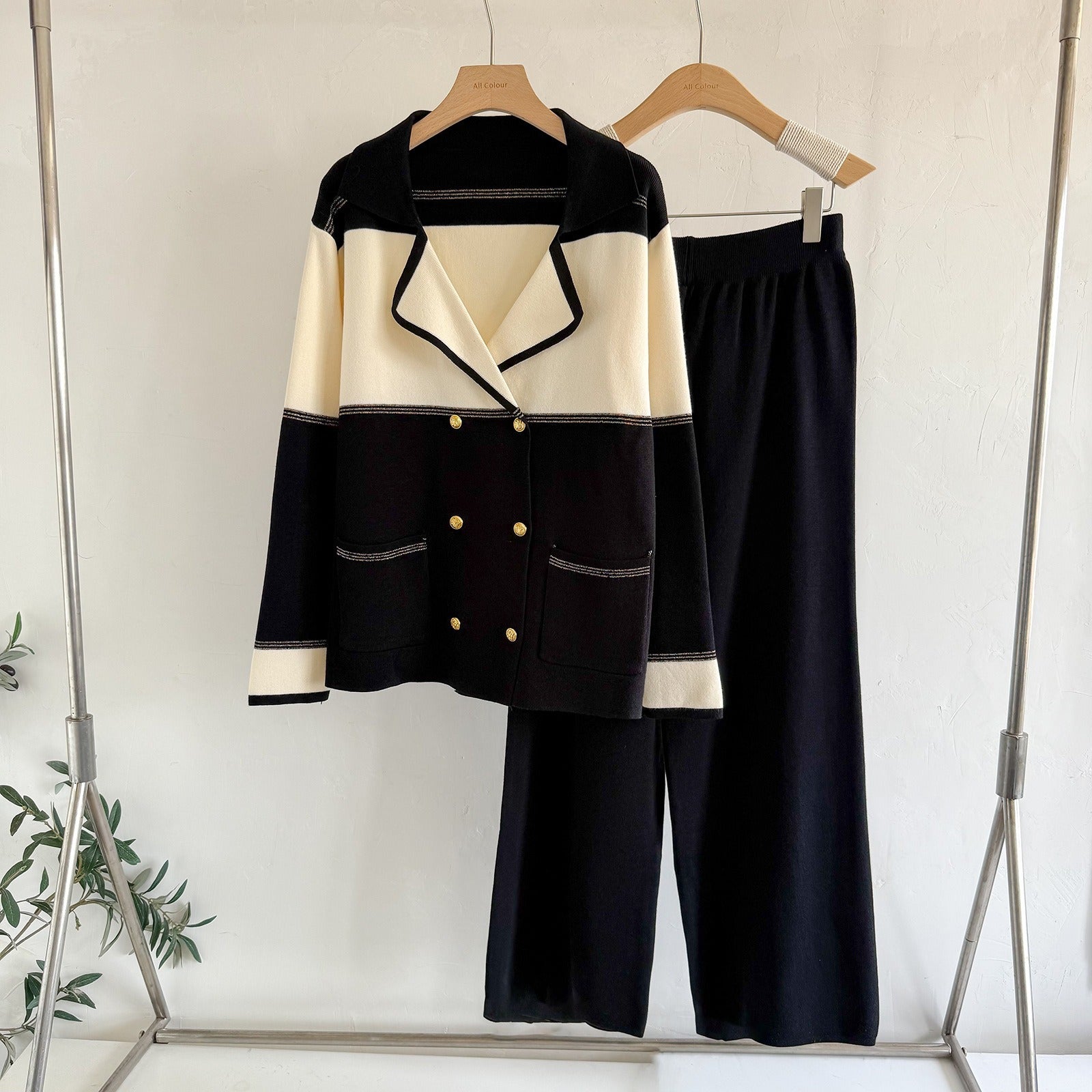 Old Money Double-Breasted Knit 2-Piece Set | Short Sleeve Blazer Cardigan & Wide Leg Pants Suit