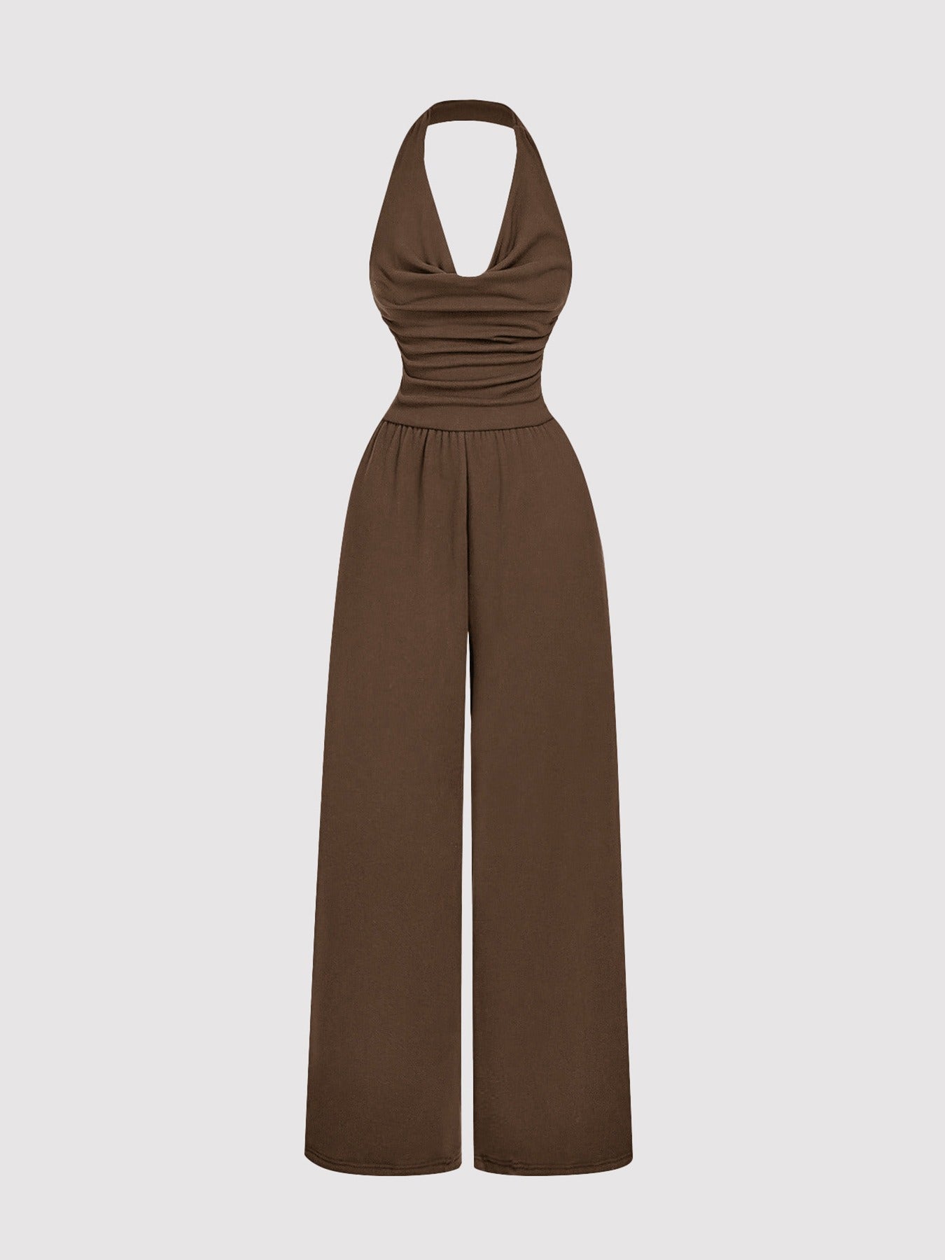 Chic Cowl Neck Halter Jumpsuit - Sleeveless Ribbed Knit Wide-Leg Backless Romper for Women