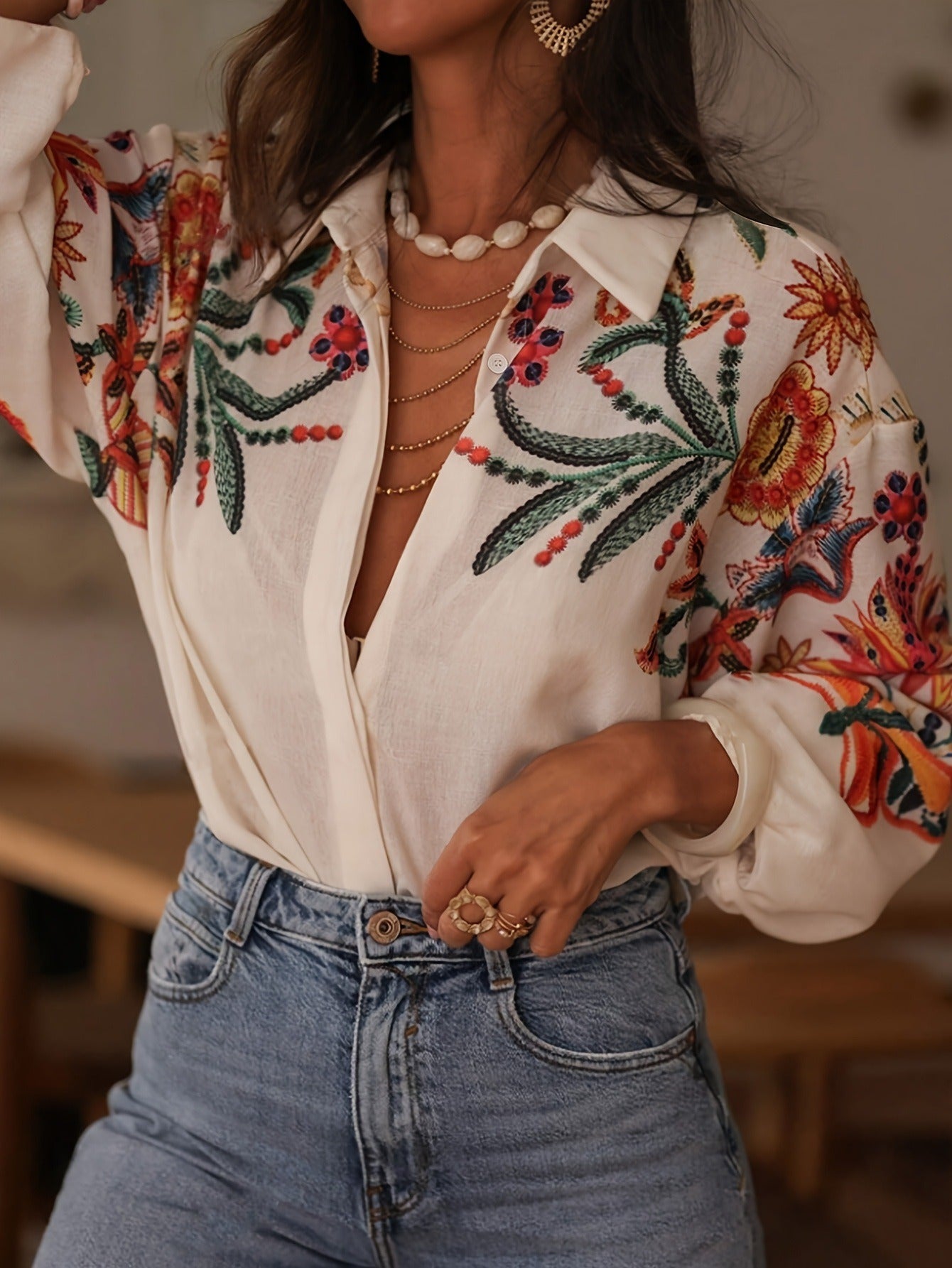 Vintage Floral Embroidered Blouse - Elegant Long Sleeve Button-Down Vacation Shirt with Lantern Sleeves