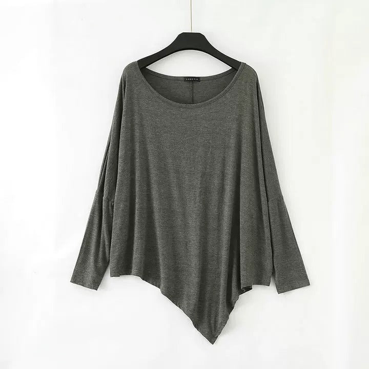 T-shirt ample en modal pour femme - Haut à manches chauve-souris et ourlet asymétrique