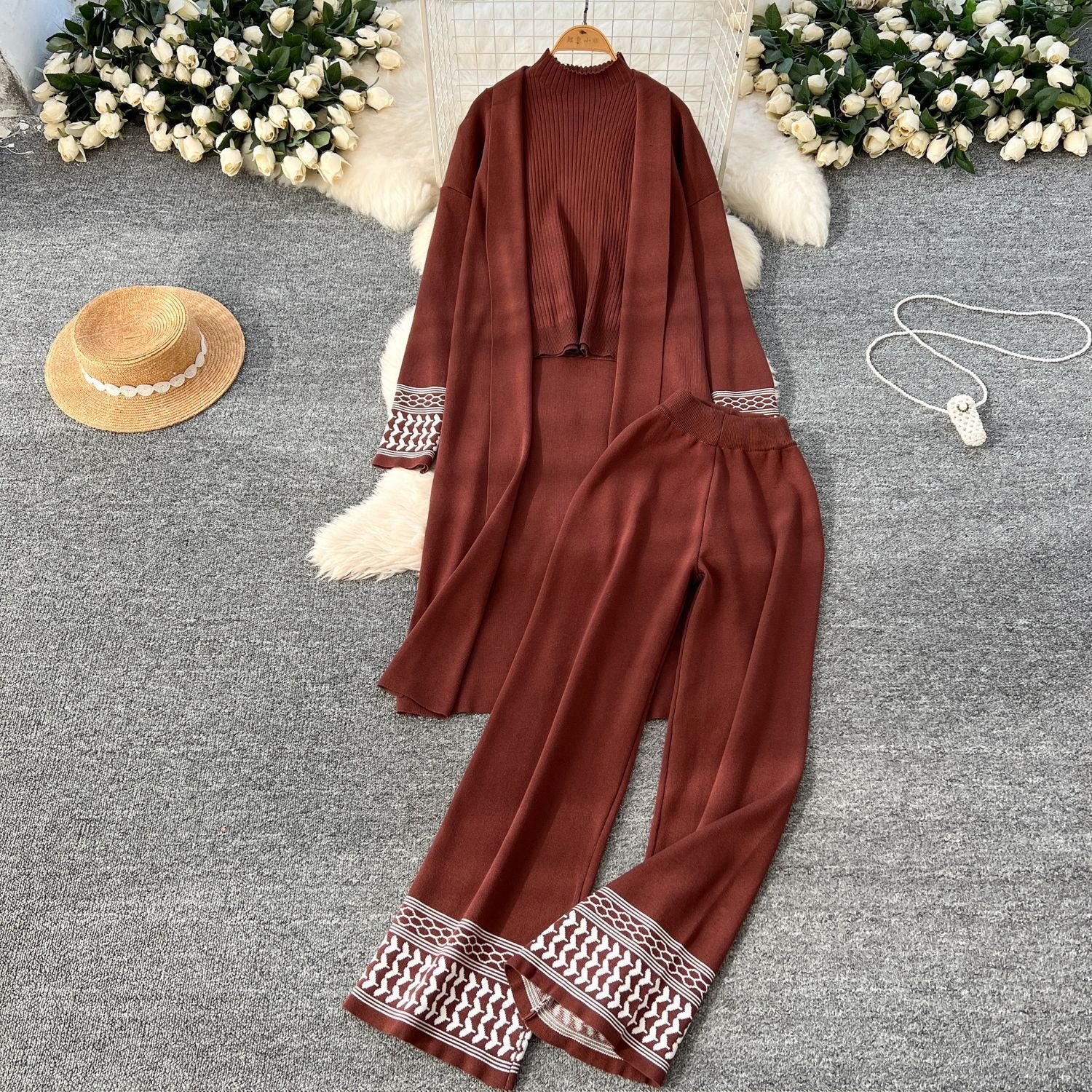 Chic 3-Piece Jacquard Knit Lounge Set - Open Front Shawl Cardigan, Crewneck Top & Wide Leg Pants