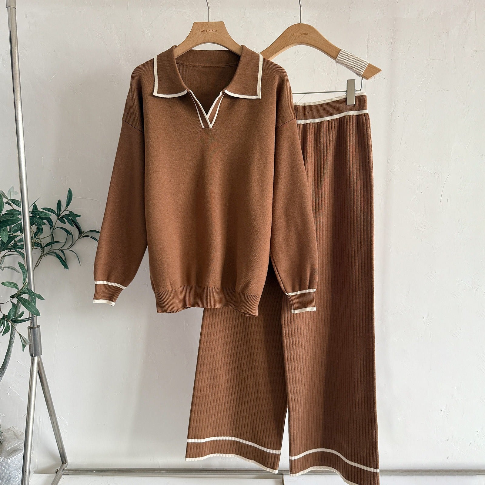 Old Money Contrast Polo Knit 2-Piece Set | Casual High Waist Slimming Wide Leg Pants Suit